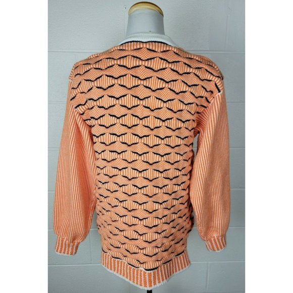 Vtg Womens Crazy Orange Wavy 3D Chunky Knit Cardigan Sweater Birdseye Stripe L? - Picture 4 of 11